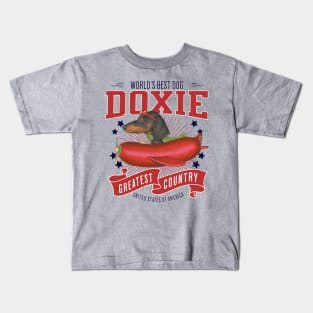 Funny Doxie with red white and blue plane Dachshund in Sausage plane USA Kids T-Shirt